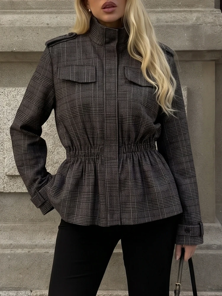 

HH Women Fashion Plaid Cinched Waist Jacket Pocket Autumn Winter Warm Long Sleeve Stand Collar Outwear New Street Commuting Coat