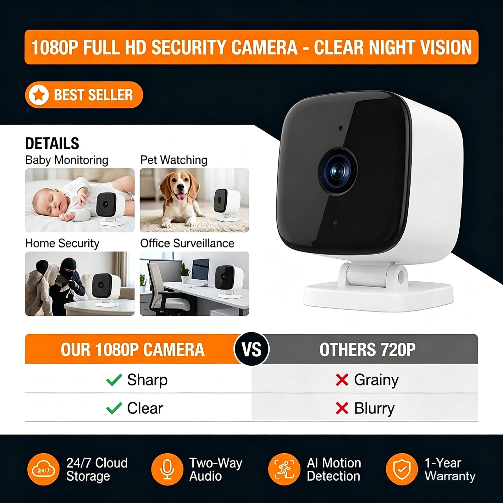 720P Indoor WiFi Camera Night Vision Motion Detection Two-Way Audio Memory Card H.264 Remote Home Baby Pet Monitor