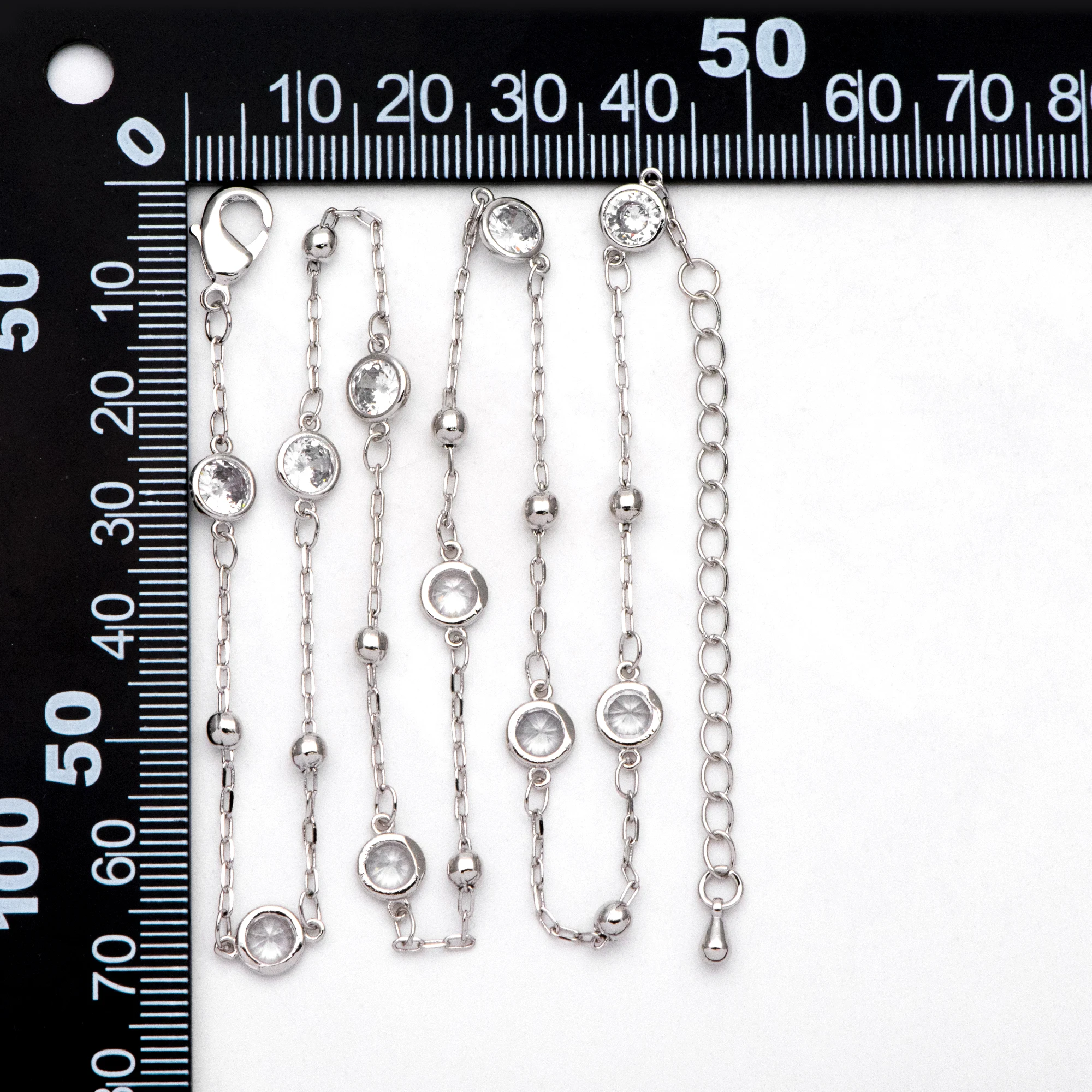 Adjustable Necklace with Extender, Rhodium Plated Brass, CZ Paved Beaded Chain, 16-18 Inch, Ready to Wear (#LK-584)