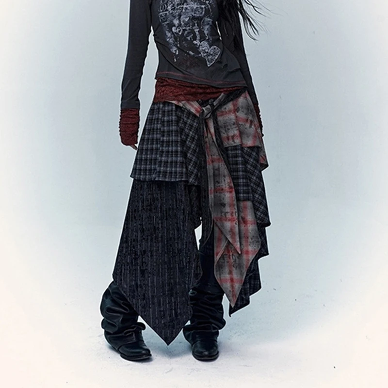 

MEXZT Vintage Plaid Midi Skirt Women Harajuku Punk Asymmetrical Skirts Summer Y2K Streetwear Grunge Lace Up Design A Line Faldas