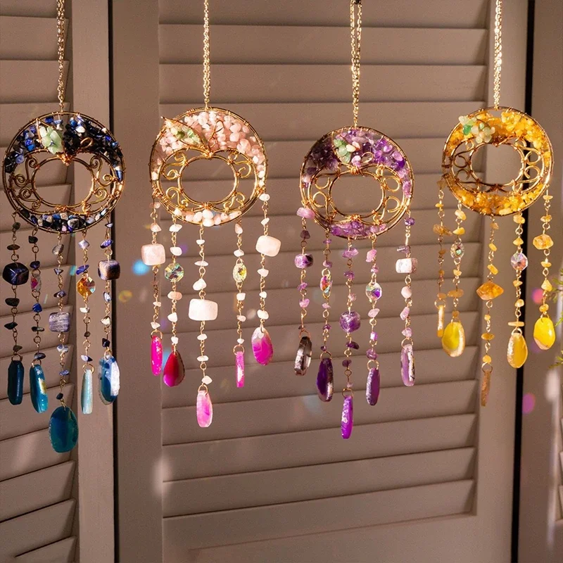Raw Stone Crystal Wind Chimes Wall Pendants Sun Catchers Wind Hangings Home Decorations Outdoor Pendants For Girls Birthday Gift