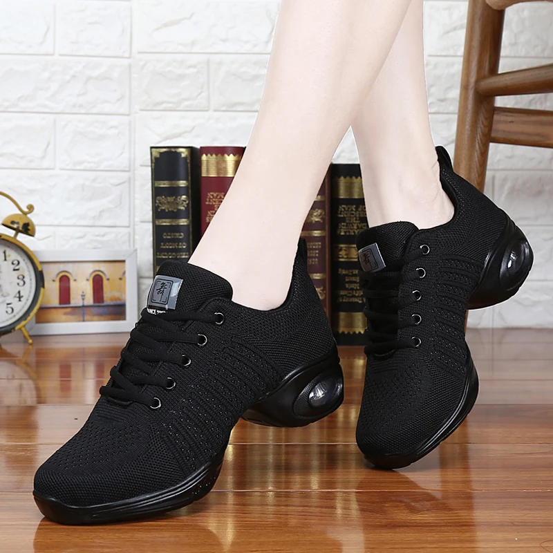 Women's Knit Dance Sneakers with Air Cushion, Breathable Jazz Hip Hop Shoes, Lightweight Footwear for Dancing, Fitness 822