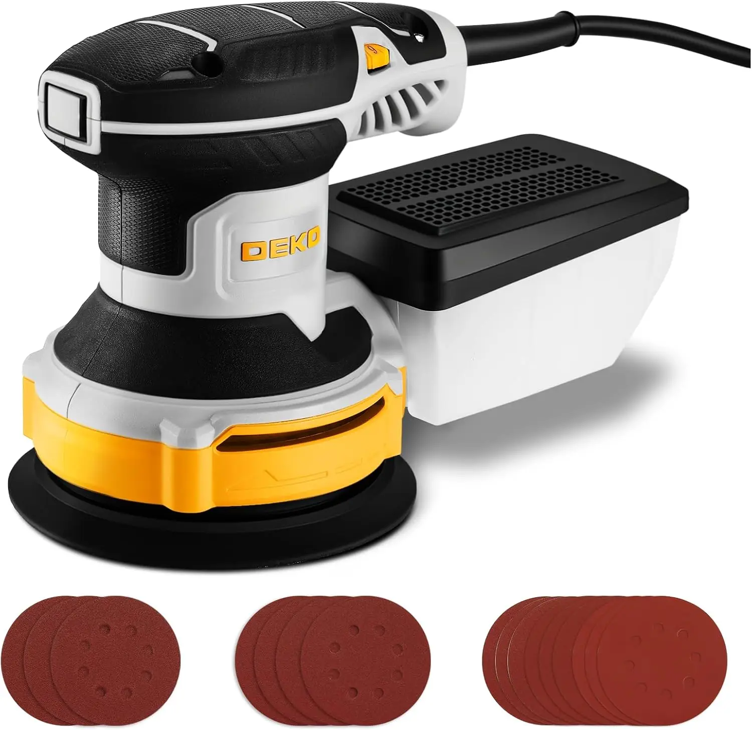

5" Random Orbital Sander with Dust Box, 6 Speeds Electric Palm Sander for Woodworking, Includes 16 Sandpapers