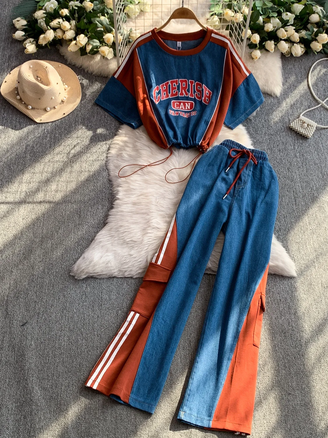 

Slimming Effectiven Embroidered Denim round Ne ort Top with Dstring High Waist Pants Two Piece Set for Women Casual...