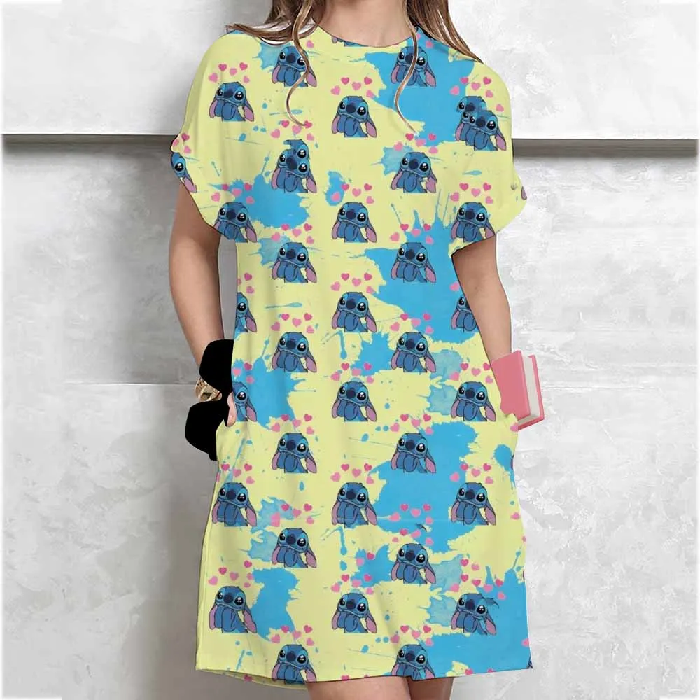 Label Size Women's Summer Casual Short Sleeve T-Shirt Dresses Nightgowns Casual O Neck Disney Stitch print White Dresses New Wo