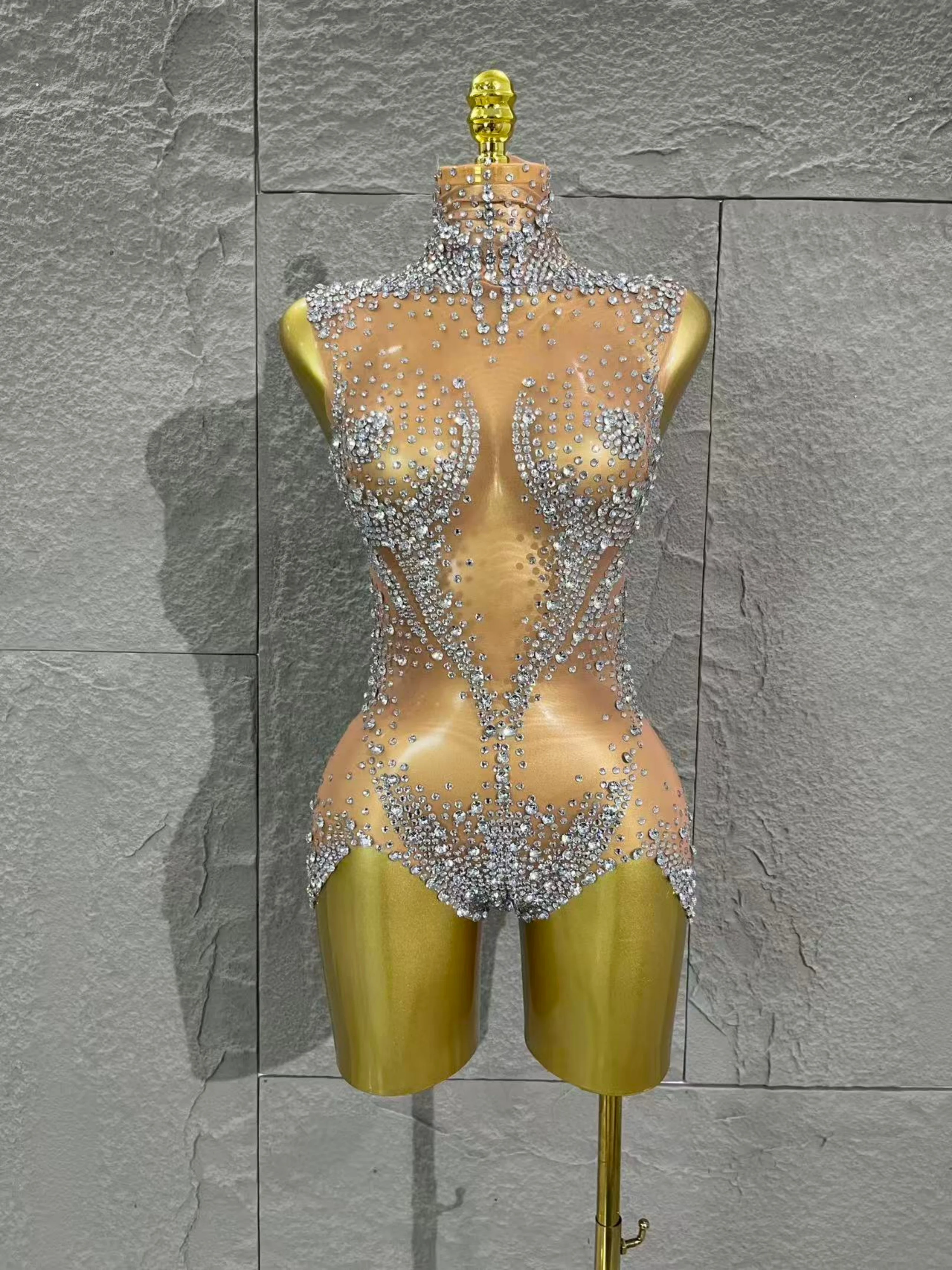 

Glamorous Sparkly Rhinestones Bodysuit for Women Sexy Mesh Perspective Dance Outfit Performance Costume Dancer Show Stage Wear