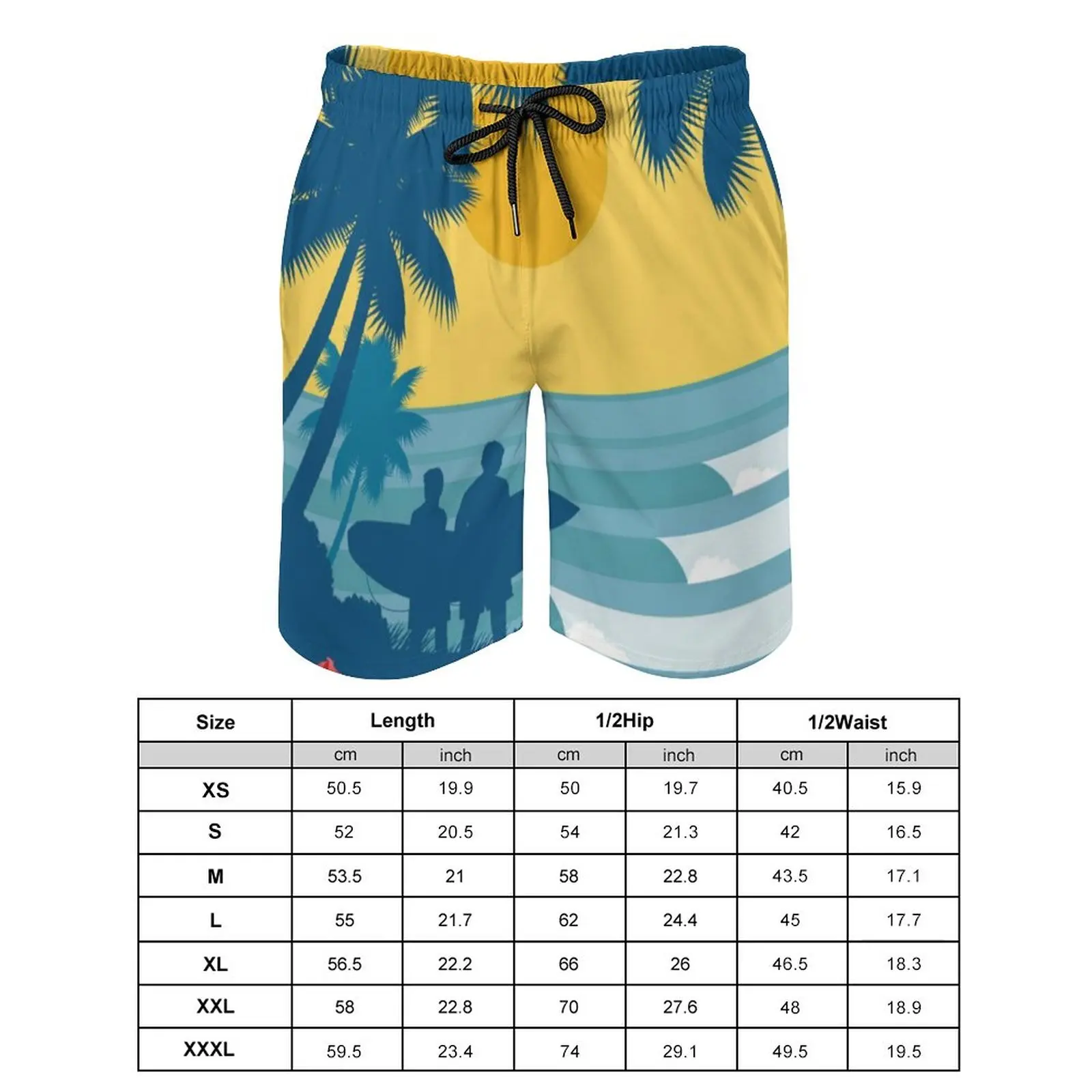 Homens com estampa palmeira com cordão cintura calções de bordo, moda sunga respirável streetwear curto, estampa 3D, férias de verão