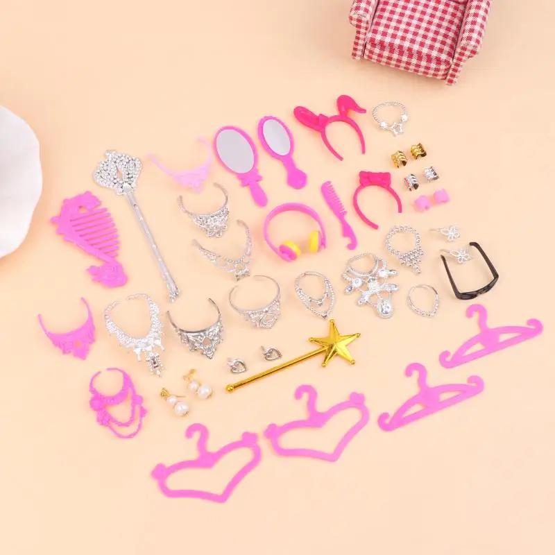 30 stks/set Poppenhuis Miniatuur Sieraden Oorbellen Ketting Mini Simulatie Pop Dress Up Decor Fantasiespel Speelgoed Pop Accessoires