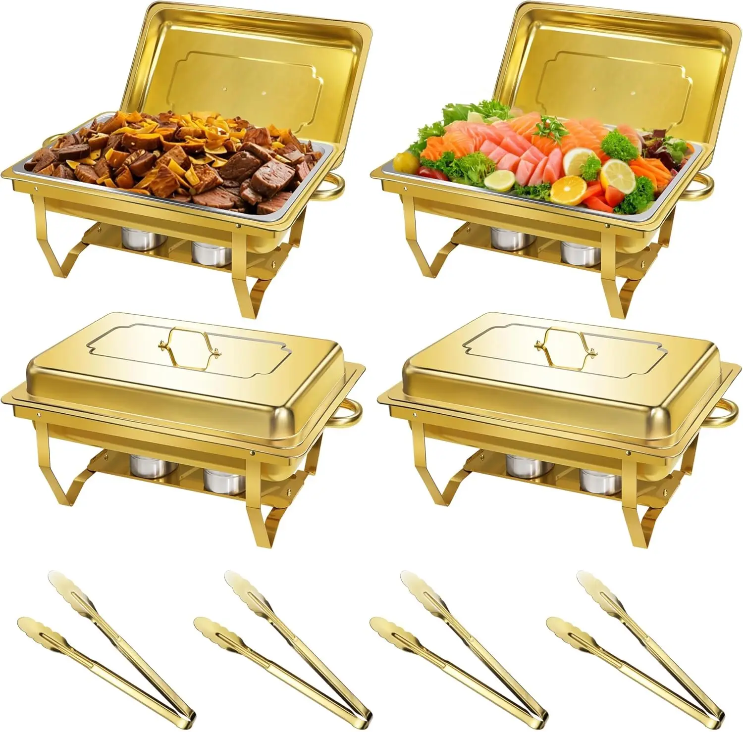 Chafing Dishes for Buffet, 4 Pack 8QT Gold Chafing Dish Buffet Set, High Grade Buffet Servers and Warmers with All-Gold Serving
