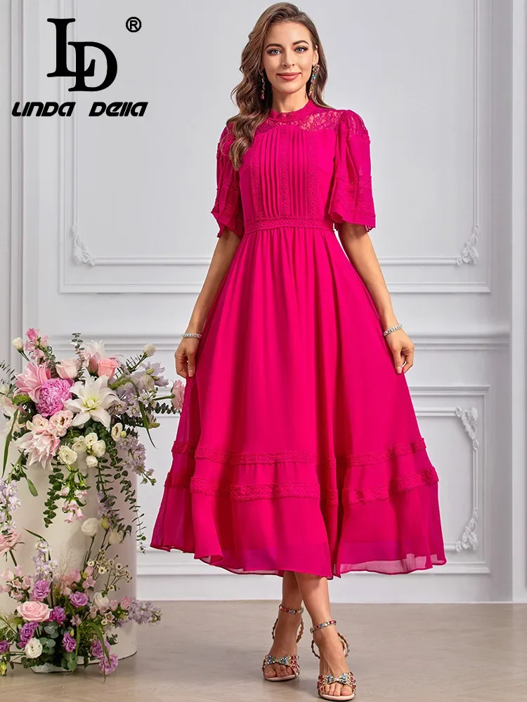 LD LINDA DELLA Fashion Designer Summer Dresses Women's Vintage Solid Color Embroidery Lace Draped Hollow Out Chiffon Dresses