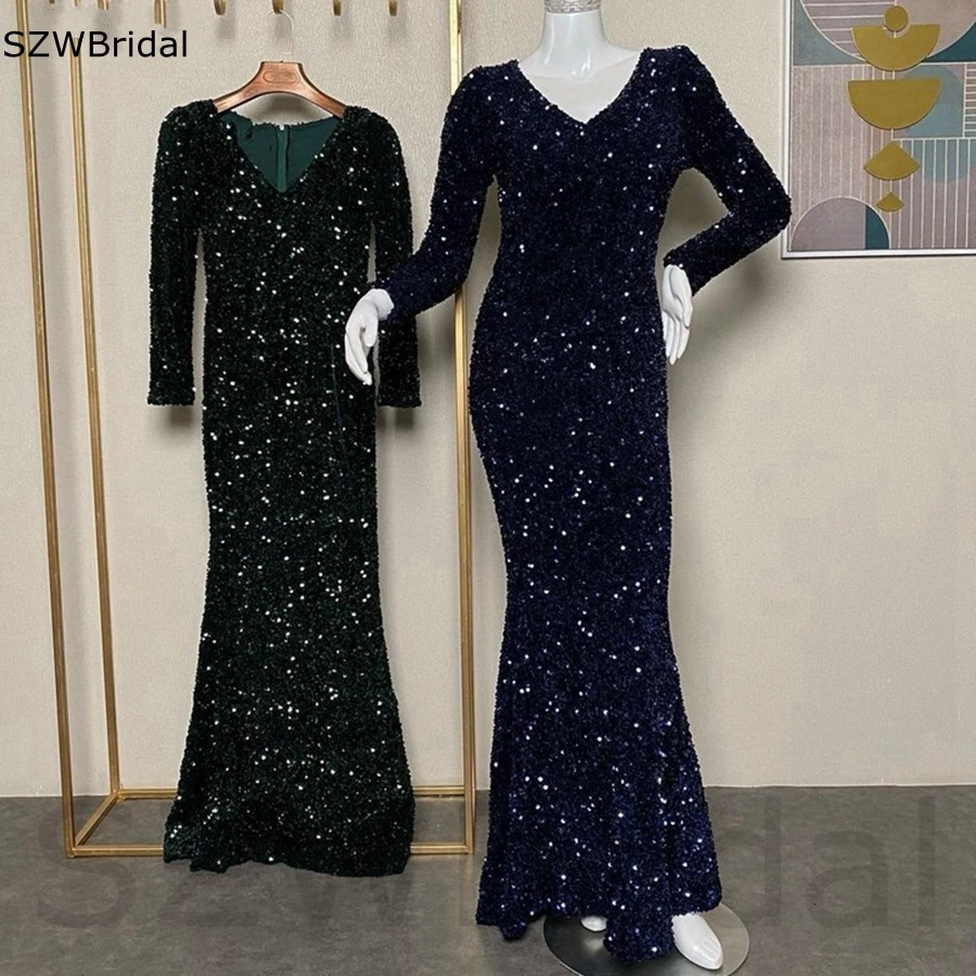 Vestido de noche de manga larga con cuello en V hecho a medida Dubai Arabia fiesta de encaje de lentejuelas para mujer 2025 Vestidos de noche vestidos de fiesta