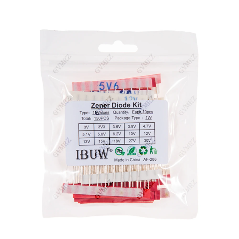 150PCS 15Values 1W Zener Diode Kit 3V-30V for Voltage Regulation Electronic Projects 3V 9V 10V