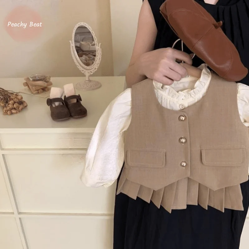 

3 шт., детский хлопковый комплект из жилета, блузки и плиссированной юбки