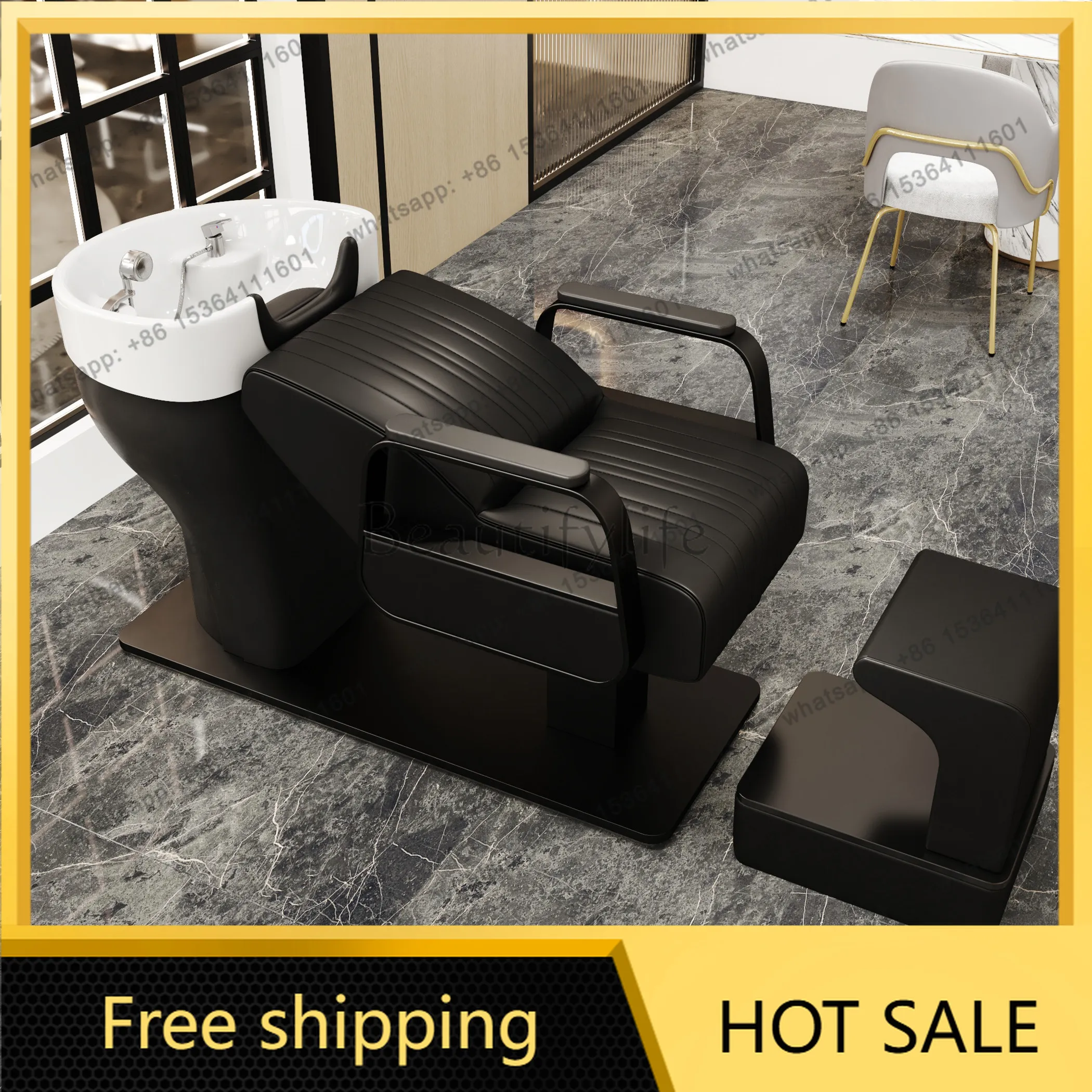 Barber shop semi-reclining shampoo bed hair salon special hair salon Japanese soft pillow stainless steel flush bed chair