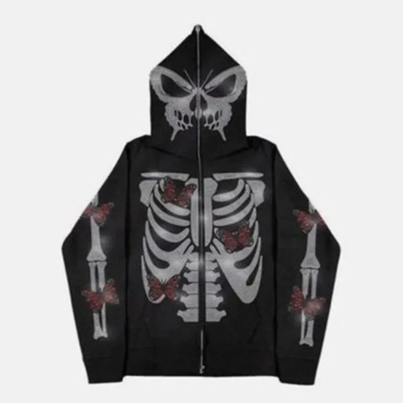 Y2K Men\'s Spring and Autumn Gothic rhinestone Sweatshirt  Hoodie Halloween Skull Clothing Hip Hop Grunge Large Sweater Coat ﻿