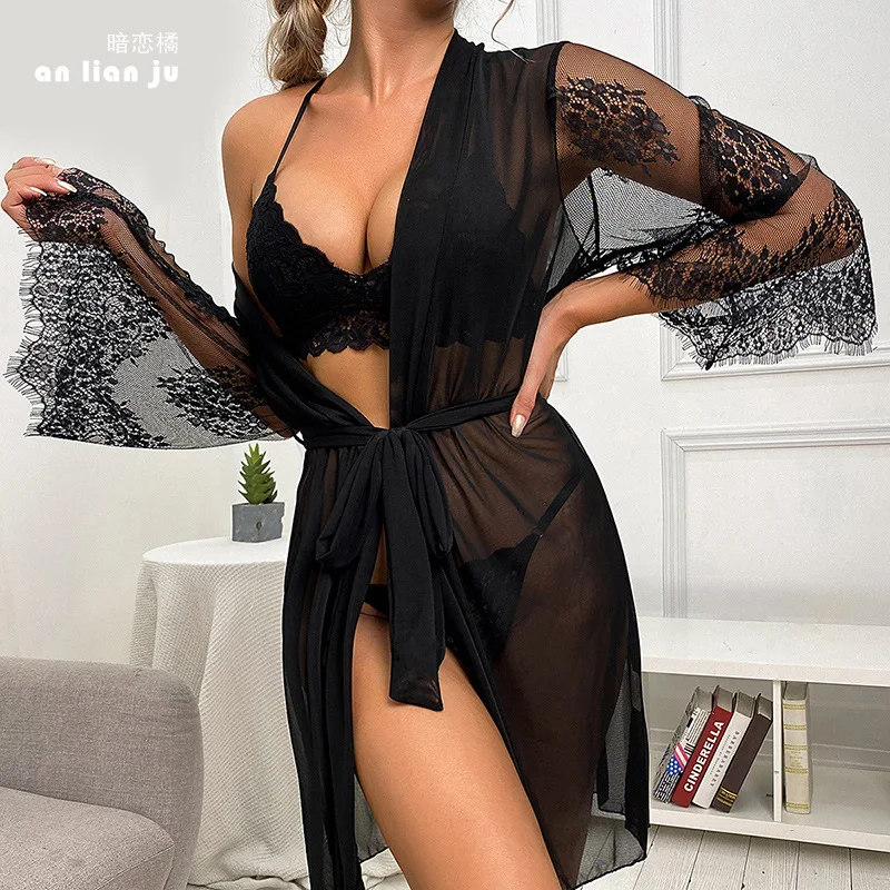 GB50009 Women's Exotic Lingerie Sets Plus Size Ladies Suit Thin Lace Pajamas See Through Dress Mesh Robe Lingerie robe and belt