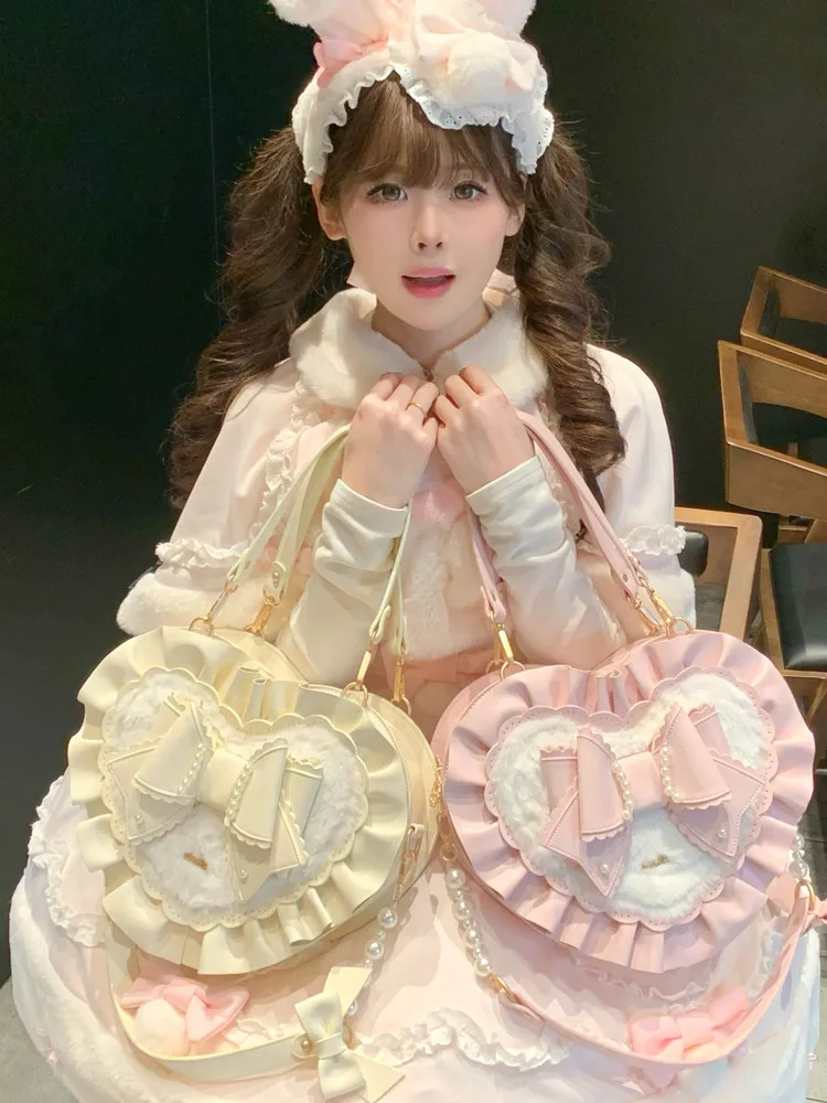 

Sweet Pink Heart Shape Lolita Bag With Bow Plush Original Kawaii Crossbody Handbag For Women Perfect For Sweet Lolita Fashion