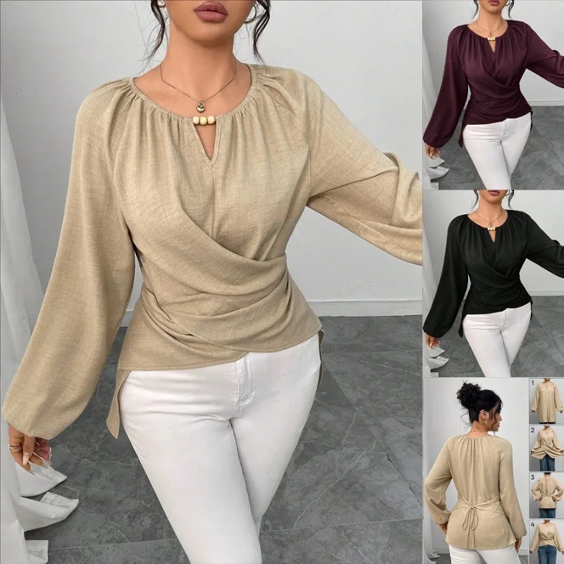 Women's Summer New Fashion Beaded Wrap Waist Shirt V-neck Beaded Cross Fold Long Sleeve Top