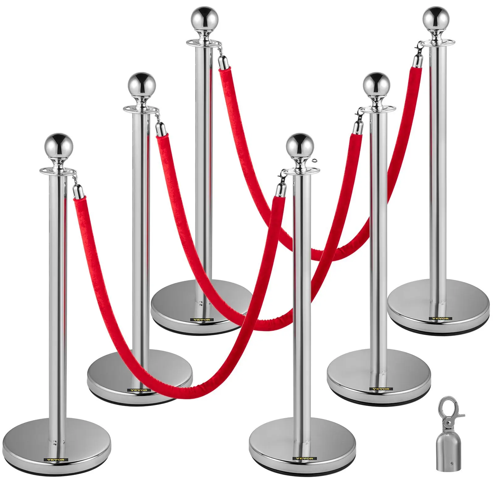 6 PCS Silver Stanchions Posts Stainless Steel Stanchion Queue Post Red Rope Retractable 38In for Both Indoor and Outdoor u