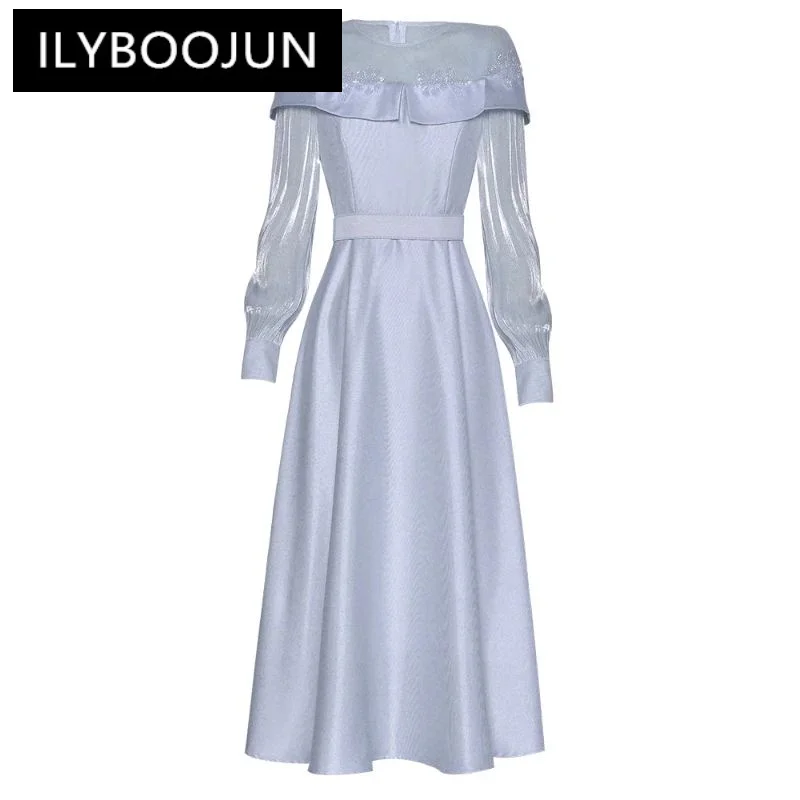 

ILYBOOJUN 2024 Fashion Runway Summer Dress Women Mesh O Neck Flowers Beading Lantern Sleeve Solid Color Princess Midi Dress