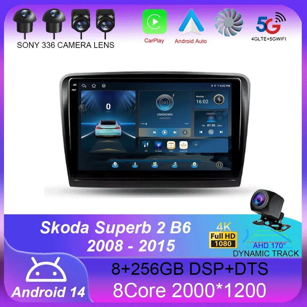 

For Skoda Superb 2 B6 2008 - 2015 Carplay Auto 4G+WIFI GPS Car Radio Navigation Multimedia Video Player Stereo BT Android 14