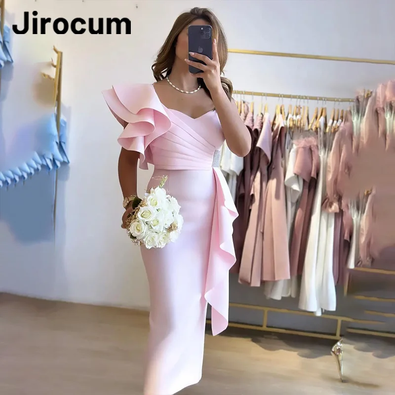 

Jirocum Pink Mermaid Prom Dress Women's One Shoulder Ruffle Party Evening Gown Ankle Length Saudi Formal Occasion Dresses 2024