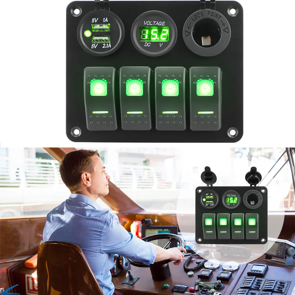 

LED Rocker Switch Panel Interior Accessories DC 12V/24V Circuit Breaker Digital Voltmeter 4 Gang Aluminum Panel Dual USB Port