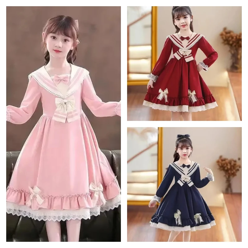 

Популярное кавайное модное платье Лолиты для девочек, студенческое осенне-зимнее повседневное темно-синее топы с героями мультфильмов, платье принцессы, детская одежда