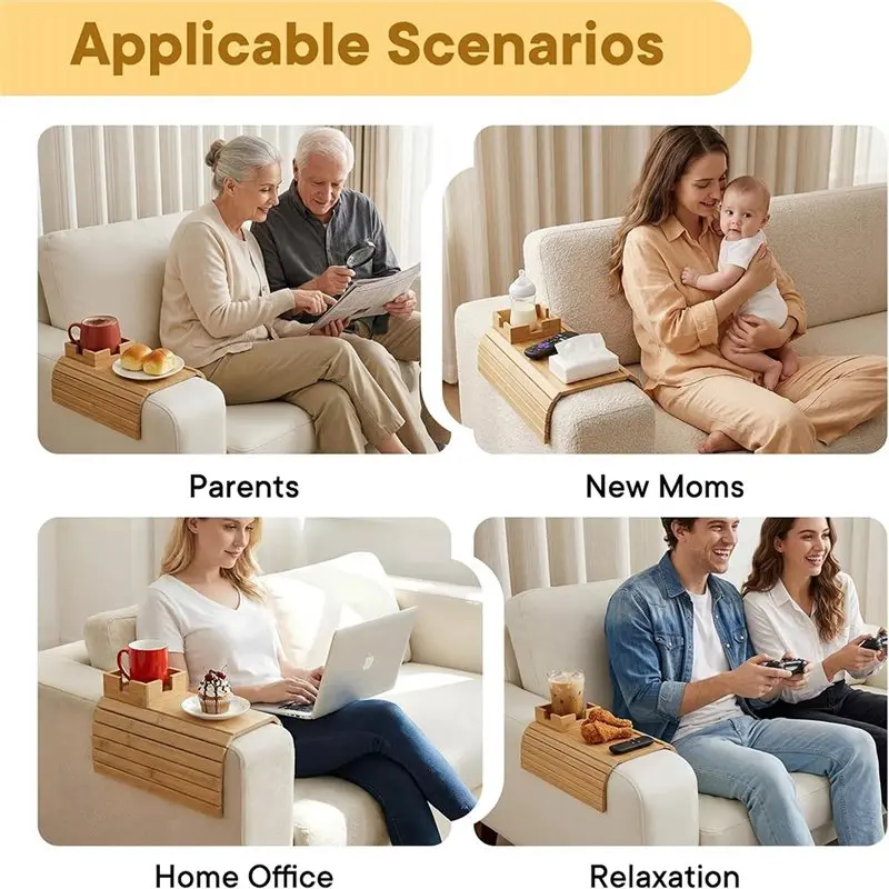 SHGO-Bamboo Couch Cup Holder& Armrest Tray For Recliner Or Sofa-A Secure Drink Slot And Snack Space Storage Extension Of Comfort