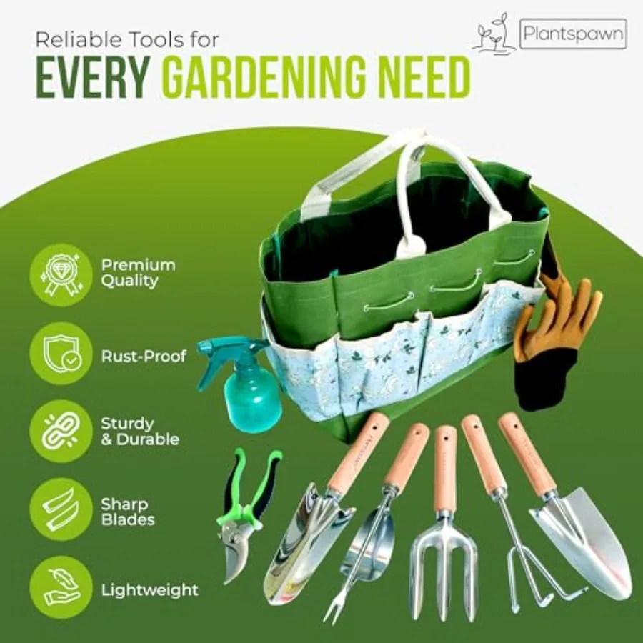 9 PCS Gardening Tools Set with Storage Bag HeavyDuty RustProof Hand Tools Featuring Wooden Handles and 15 Plant Tags Perfect fo