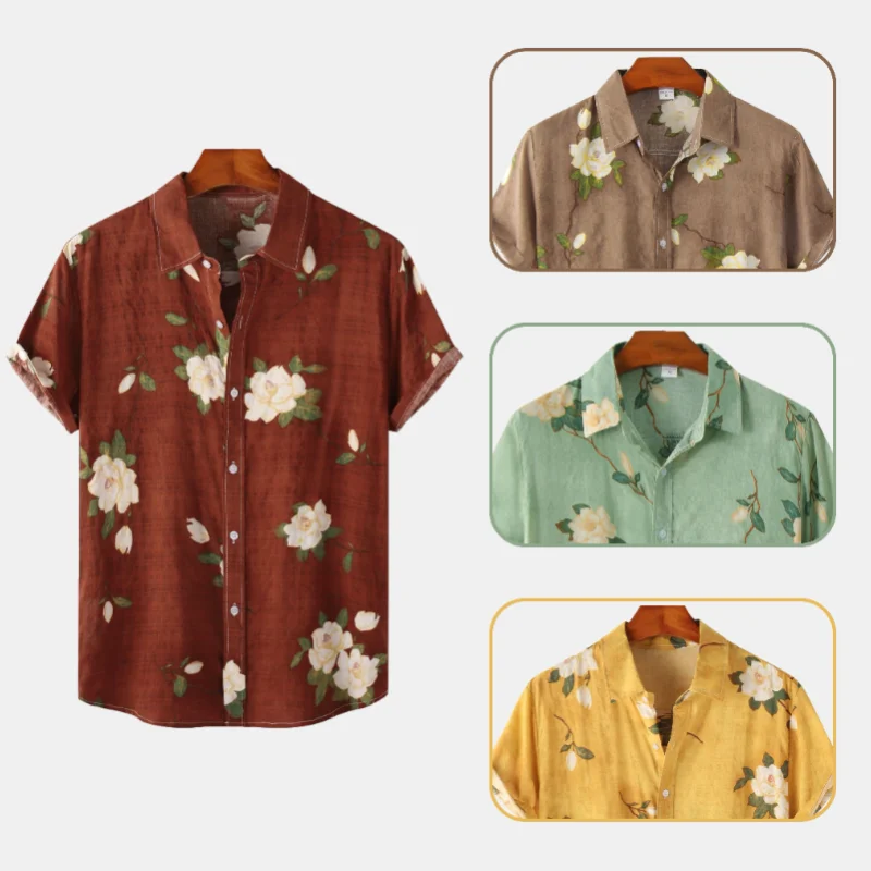 Men Hawaiian Style Short Sleeve Shirt, Summer Casual Floral Print, Green Button Down Shirt, Loose Women Vintage Flower Beach Top