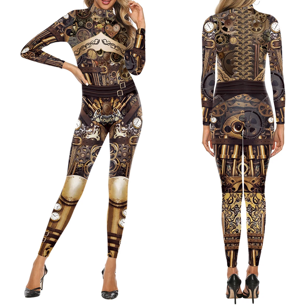 Zawaland-monos de esqueleto Steampunk para mujer, estampado de engranaje mecánico, Purim, disfraz de fiesta de Cosplay, mono Zentai para Halloween