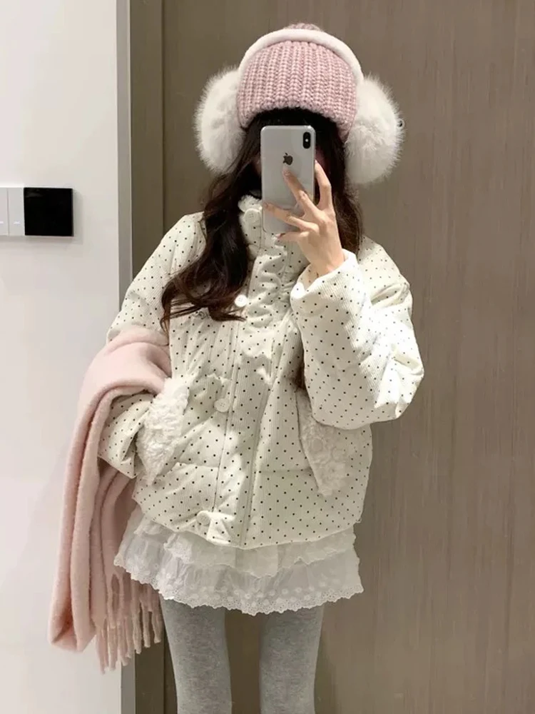 Polka Dot Bianco Puffer Jaet Donna 2025 Nuovo Thiened Allentato ort Velluto a coste Tuta Sportiva Autunno Inverno Coreano Sle Pendolarismo Vento