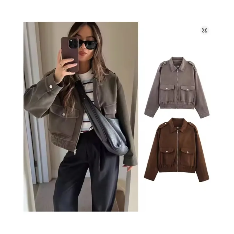 

Женская замшевая текстурированная короткая куртка, осенняя модная повседневная однотонная женская свободная верхняя одежда на молнии с длинными рукавами, топы