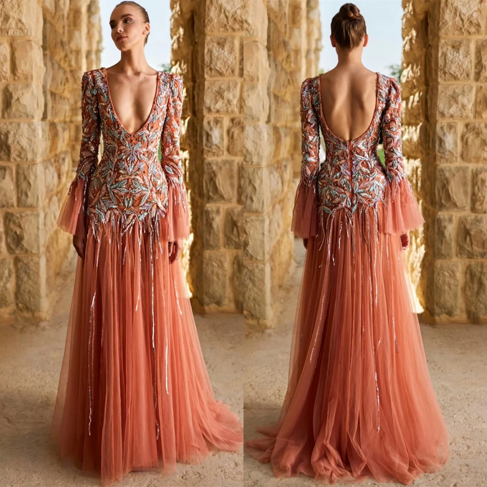 تخصيص لينة الأورجانزا الخامس الرقبة مساء اللباس رائعة مطرزة فساتين السهرة مزاجه طويلة الأكمام فساتين المناسبات الخاصة