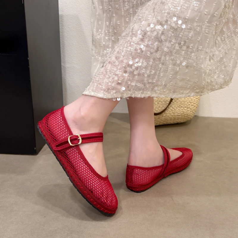 Black Mesh Mary Janes Shoes for Women Fishnet Red Ballet Flats with Buckle Comfortable Elegant Women's Summer Sandals Footwear