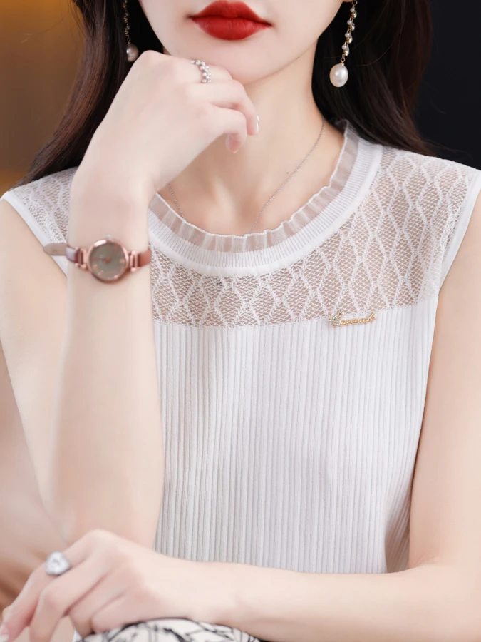 

Oule Brand Knitted Lace Patchwork Vest Top Head over oulder Strap T-irt Loose Fit round Ne ort Sve Color