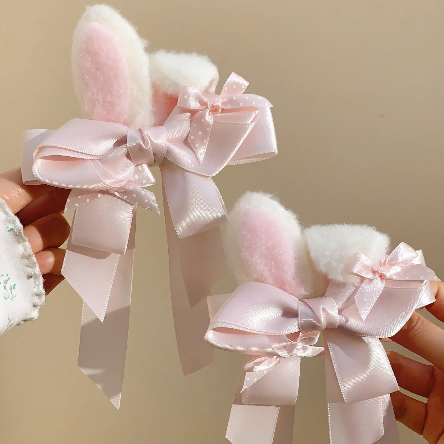 

Princess Lolita Pink Bow Plush Rabbit Ears Hairpin Female Cute Side Clip Side Bangs Clip Headgear Children Adult