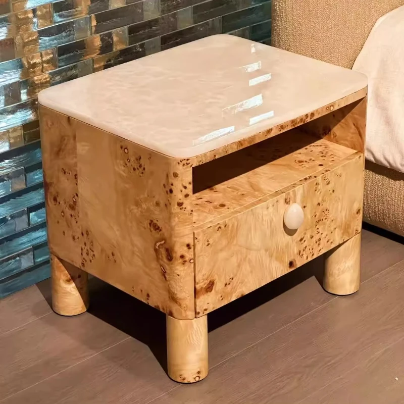 

Retro design bedside table with tree knot leather surface ancient style solid wood bedside table