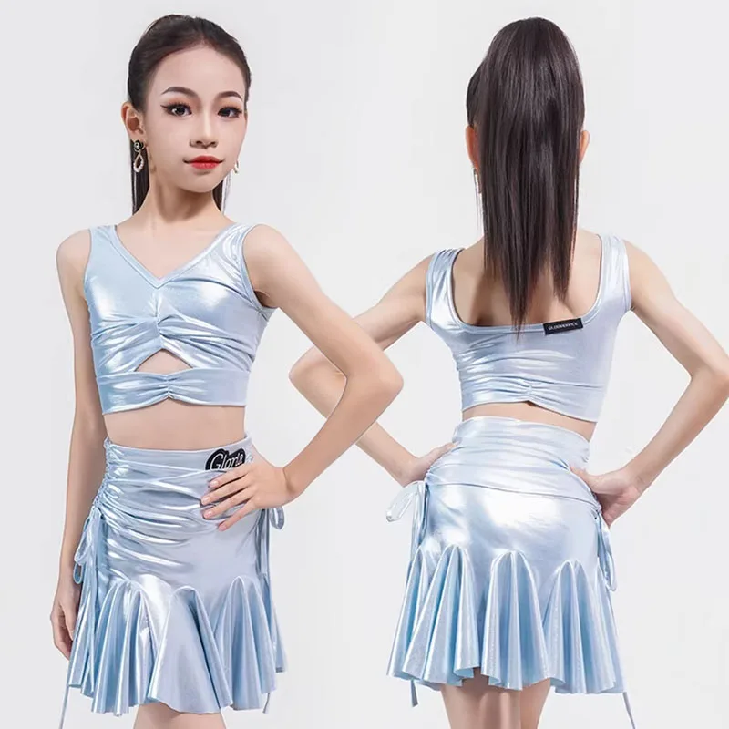 Latin Dance Performance Clothes 2026 Girl Blue Top Skirt Set Kid Latin Show Stage Wear Cha Cha Rumba Dance Practice Wear VDL5190