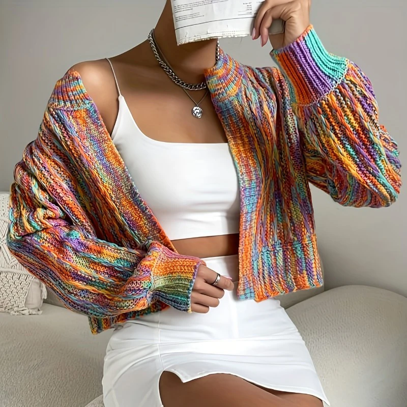 Autumn Winter Rainbow Cardigan Sweater Women Long Sleeve O Neck Knitted Sweater Coat Woman Korean Casual Vintage Cardigans 28749