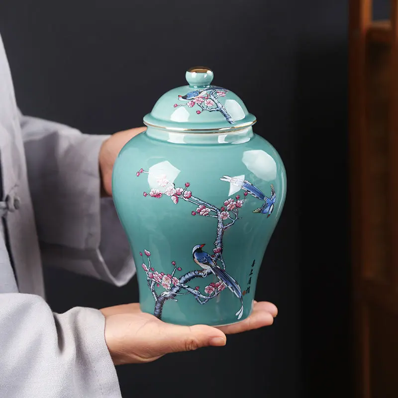 Classic Ceramic Tea Box Home Candy Sealing Jar Hexagonal Plum General Jar Table Top Flower Arrangement Vase Home Decoration