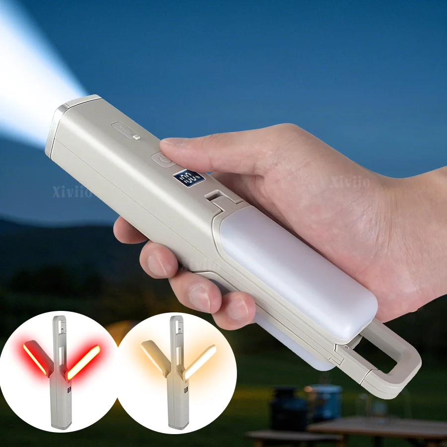 PAWEINUO Outdoor Flashlight Portable Strong Light Hook Design with Floodlight Side Lights Long Range Rechargeable Led Flashlight