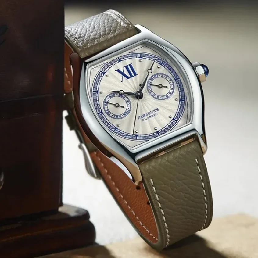 FARASUTE Men Pilot Watch 36mm*44mm Vintage Tonneau Case Quartz Wristwatch Sapphire Enamel Dial VH64 Dual Calendar Week Date