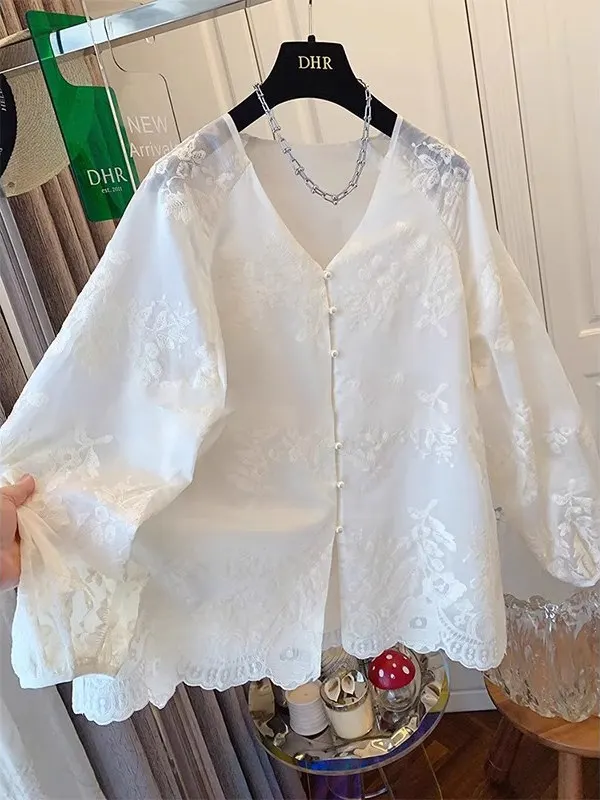 Ele Embroidered Lace irt Summer High-End Feeling Large Size New Chinese Sle National Trend Loose Fit Women's irt