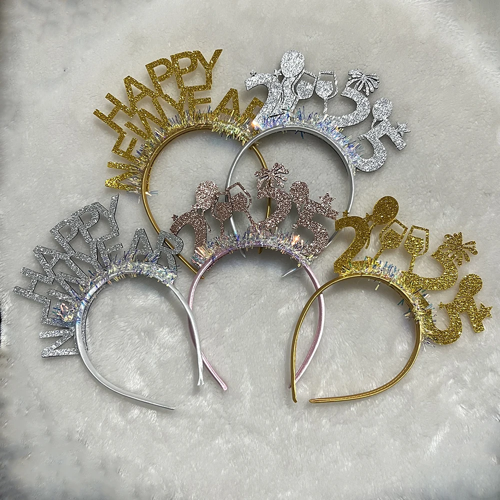 2025 Happy New Year Headband Tiara Cosplay Anime Firework Wine Glass Balloon Headwear Xmas Party Hair Accessories Fancy Props