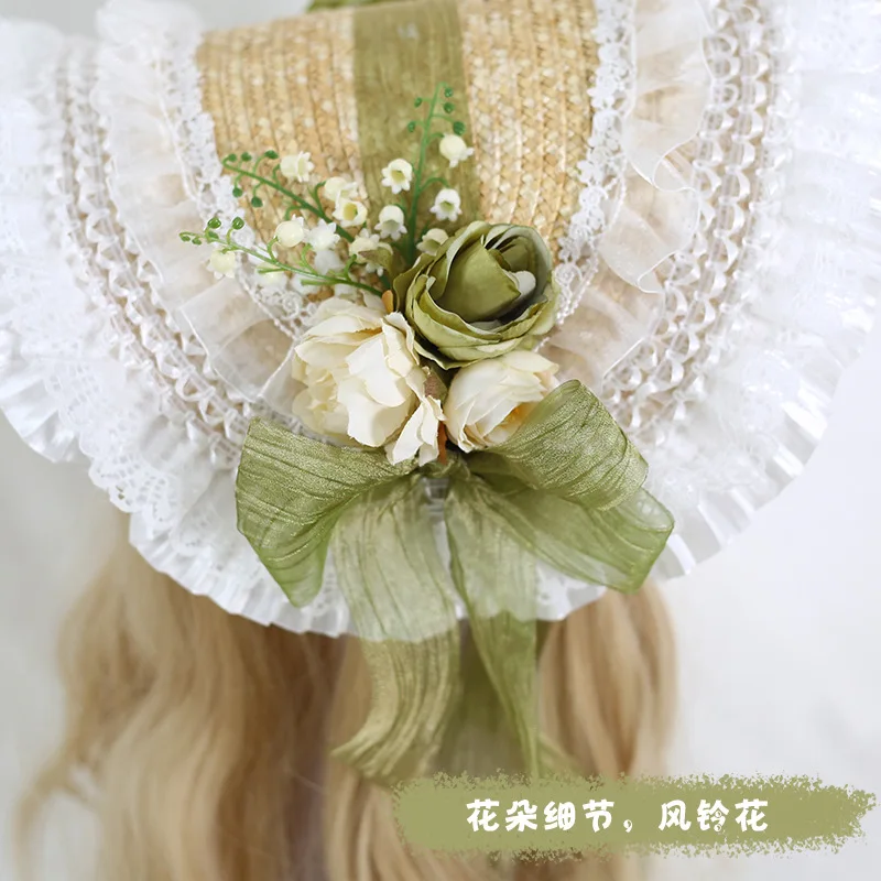 New Lace Trim Lolita Bonnet Straw Hat Handmad reminiscence BNT Lolita Bow flower straw hat girl summer