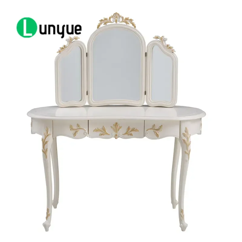 European Antique Style White Wooden Dresser with Mirror Elegant Bedroom Furniture Makeup Vanity High Quality Solid Wood Suit