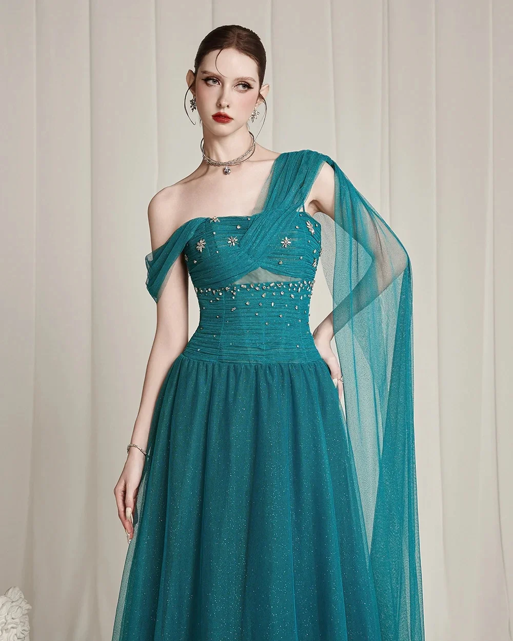 

Customized Sparkle Tulle Rhinestone Sequined A-Line Evening Dresses Formal Off-the-shoulder Sleeveless Floor Lenght Prom Dresses