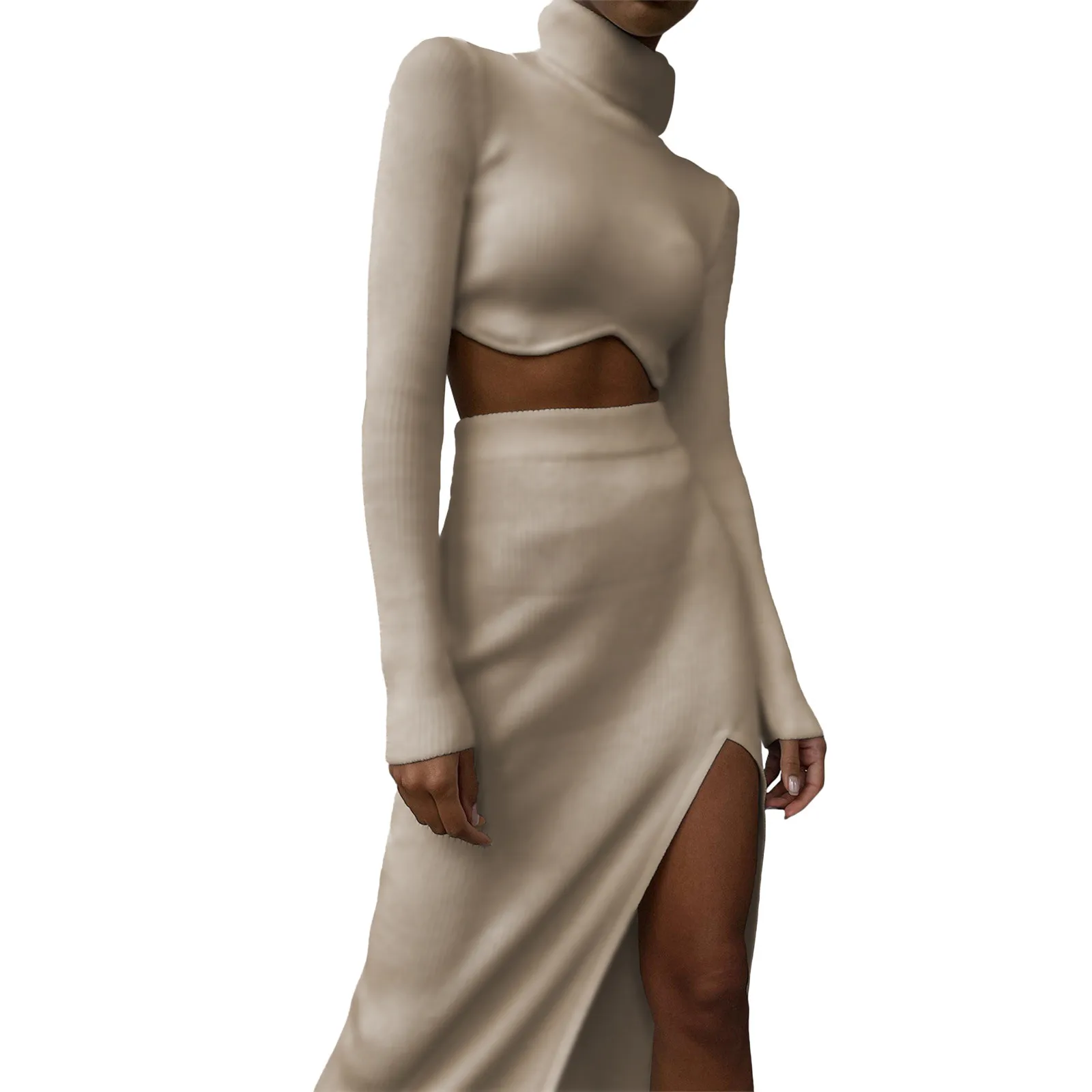 Skinny Turtleneck Long Sleeve Sexy Two Piece Set Women Midriff Crop Top+ Side Slits Bodycon Skirts Stretchy Robe Wedding Vestido